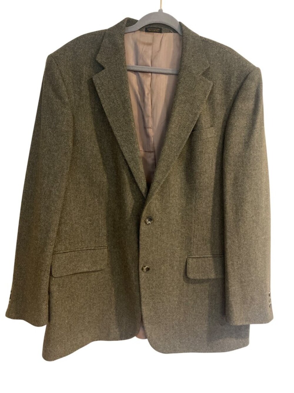 Oscar De La Renta green herring bone lams wool blazer sz 46L single vent 2 butto